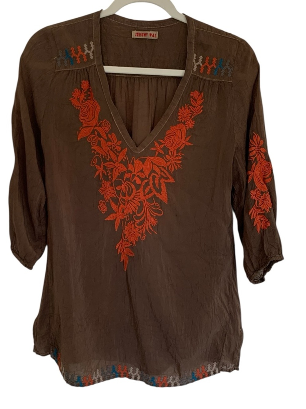 Johnny Was Chocolate Brown Burnt Orange Embroidered Mia Tunic Size S - Picture 5 of 6